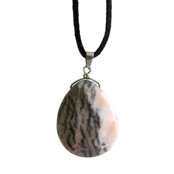 New Rhodonite Stone Teardrop Pendant Necklace 18" to 20" Black Suede Cord - Picture 2 of 7